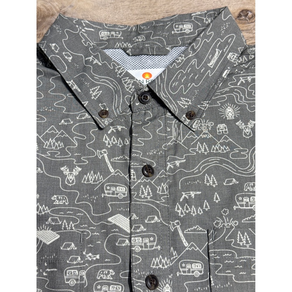 Sun River (Grey Green) Outdoor Map Print UPF 30+ Button Down Shirt Mens Large